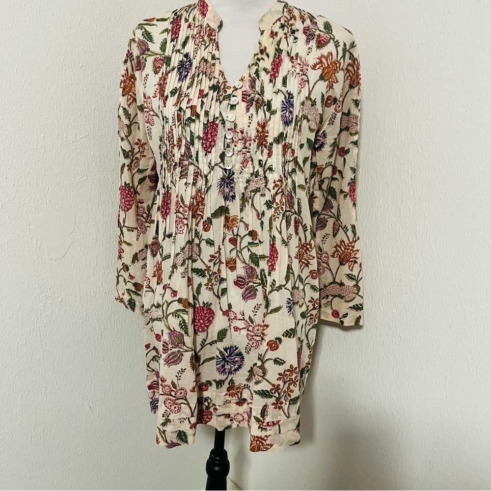 Passementrie Ofelia Blouse Cream And Red Pleated Tunic Mandarin Collar Large — image 2 of 8